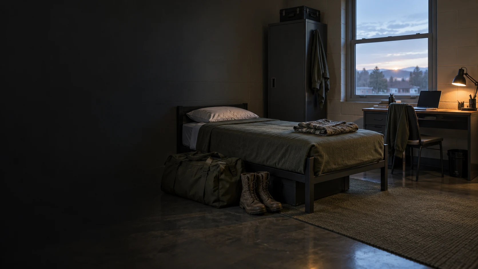 Illustrative military quarters with a study desk