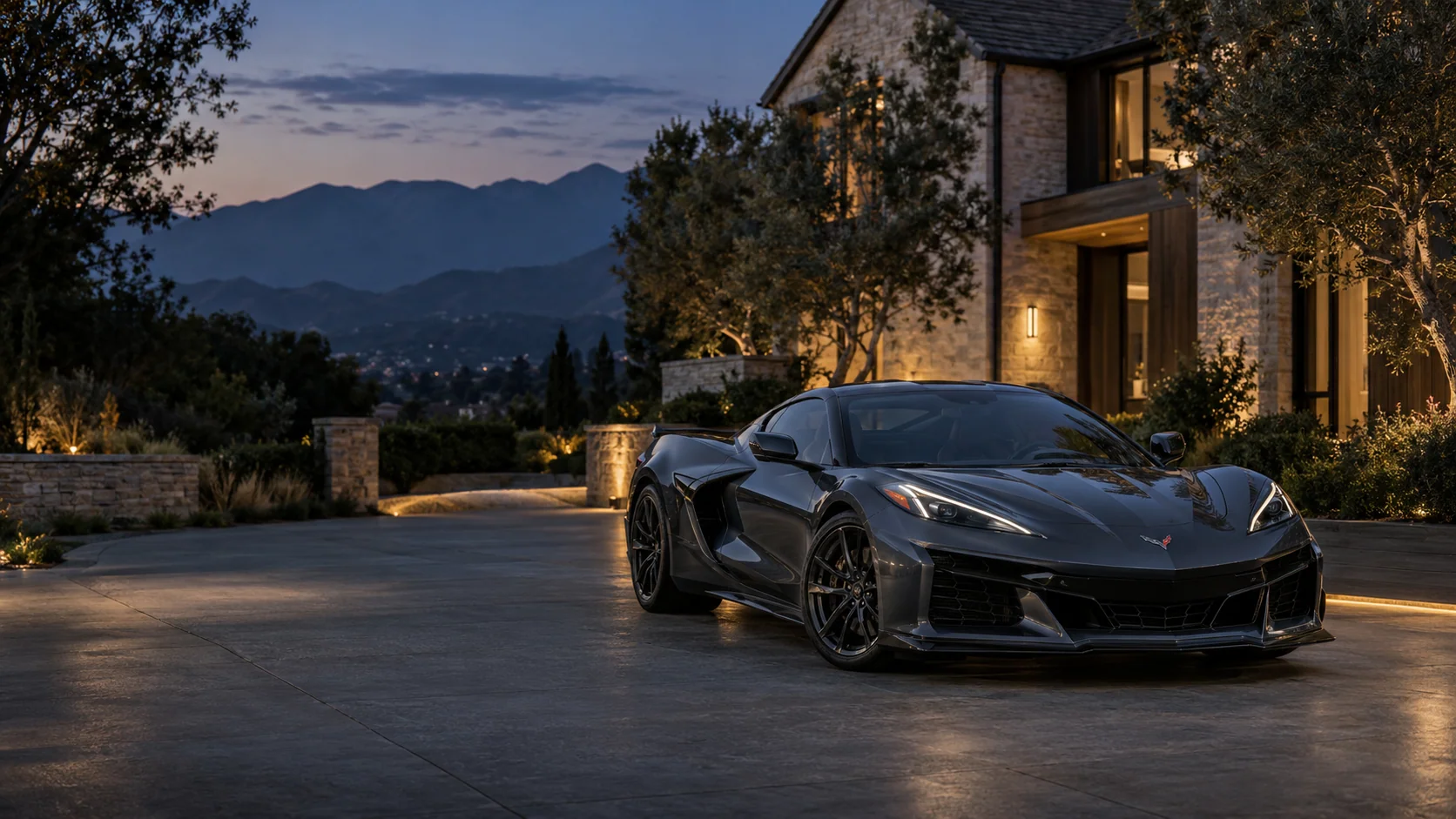 Illustrative graphite Corvette outside a stone home at dusk