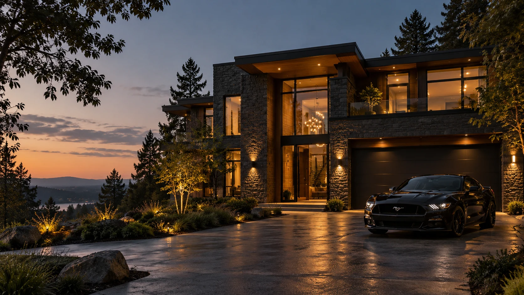 Illustrative home and Mustang at dusk