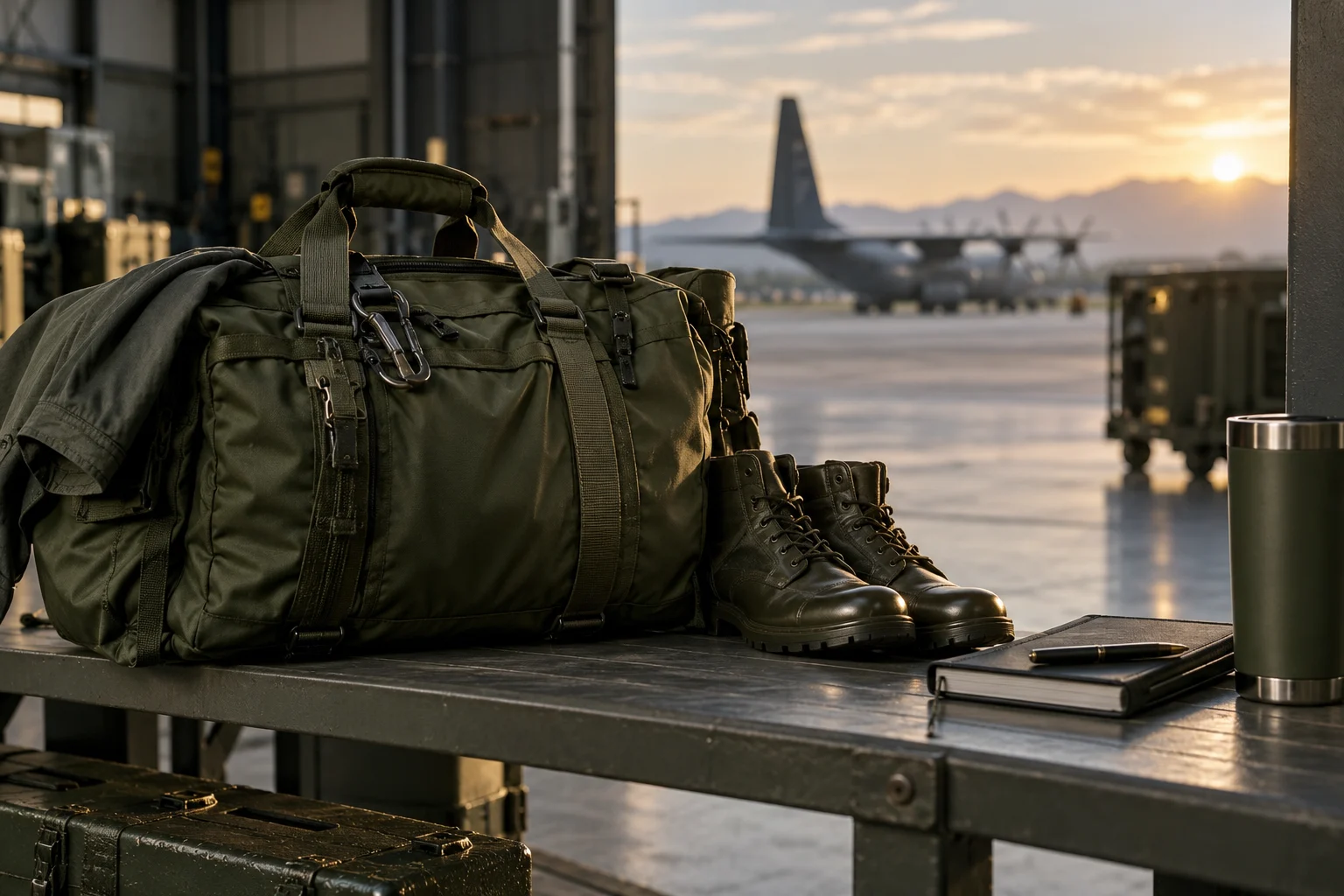 Original illustrative artwork of flight gear beside an aircraft hangar