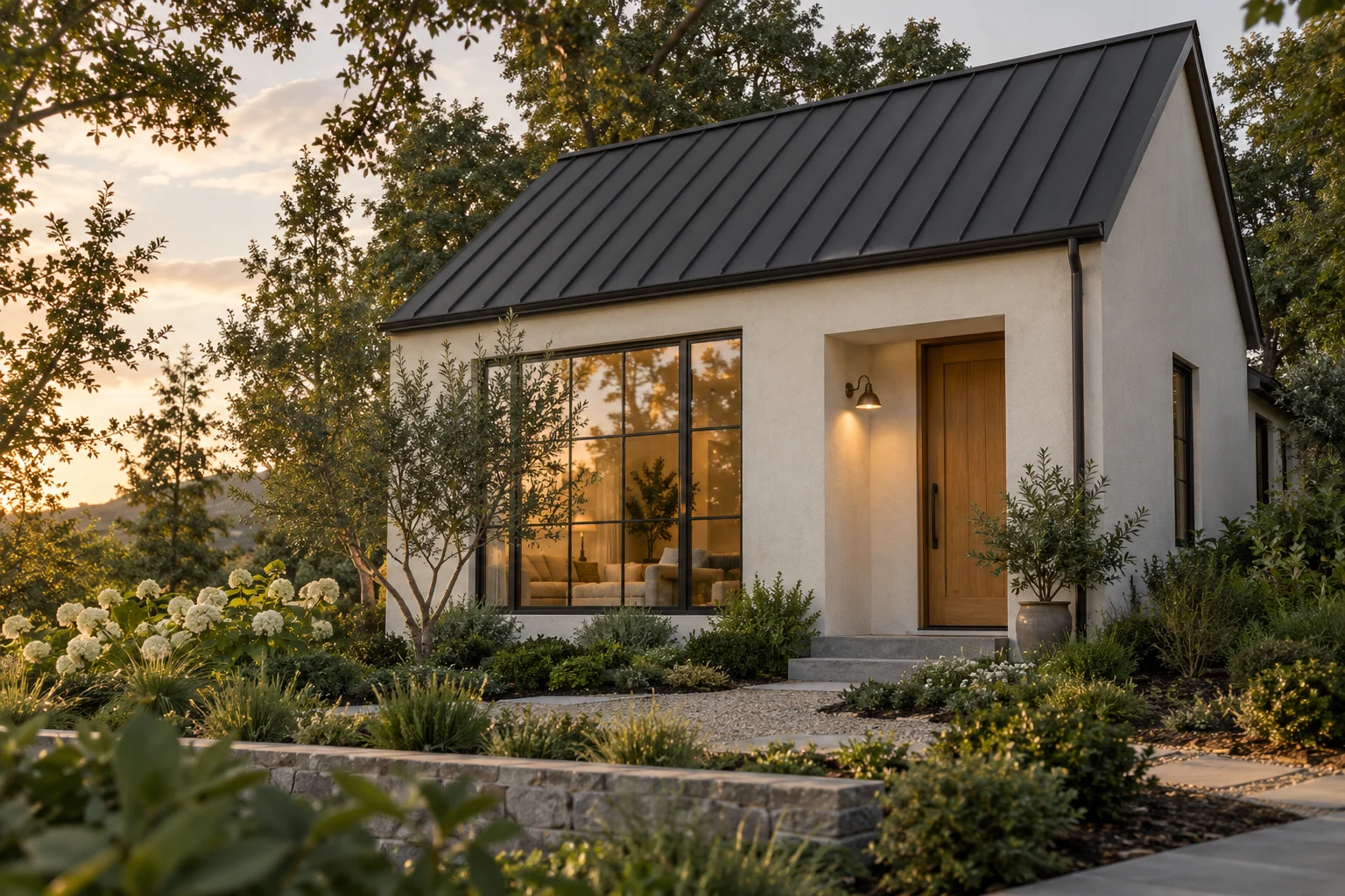 Original illustrative artwork of a modern cream cottage and courtyard